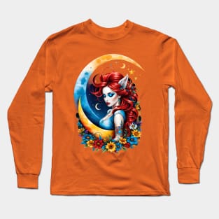 Moonlit Muse: Enchanting Red-Haired Girl Illustration Long Sleeve T-Shirt